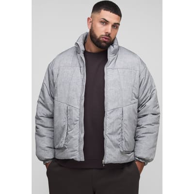 Plus Oversized Fit Gewassen Nylon Gevoerde Funnel Neck Puffer Jas | Grey | Size 2XL