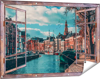 Gards Tuinposter Doorkijk Gracht in Groningen - 120x80 cm - Tuindoek - Tuindecoratie - Wanddecoratie buiten - Tuinschilderij