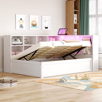 Slaapbank - 90x200 - Multifunctioneel bed met stopcontact, opbergvakken en LED verlichting - hout - wit - zonder matras