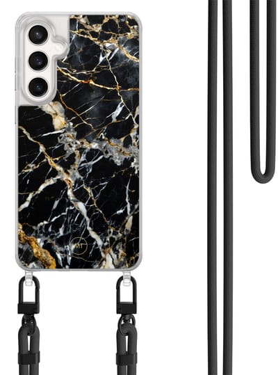 Hoesje met koord geschikt voor Samsung Galaxy S24 FE - Black marble elegance - Inclusief Zwart koord - Crossbody beschermhoes - Transparant, Zwart, Goud - Mooie Telefoonhoesjes