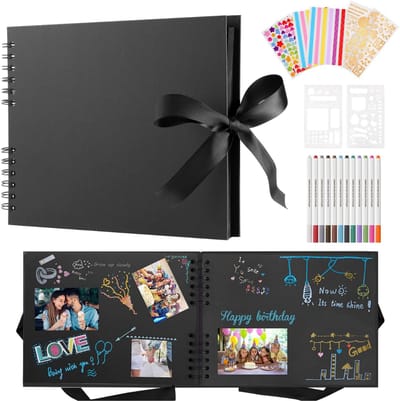 SNJY® Plakboek - Fotoboek - Scrapboek - 80 Pagina's - Incl. 12 Pennen - Zwart