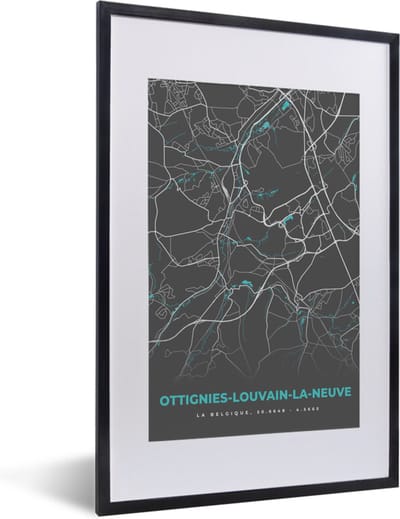 Fotolijst incl. Poster - België – Ottignies Louvain la Neuve – Stadskaart – Kaart – Blauw – Plattegrond - 40x60 cm - Posterlijst