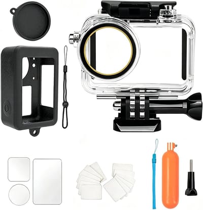 Accessoirekit voor actiecamera's: waterdichte behuizing, drijvende handgreep, beschermhoes en glazen schermbeschermer voor snorkelen, surfen en wakeboarden