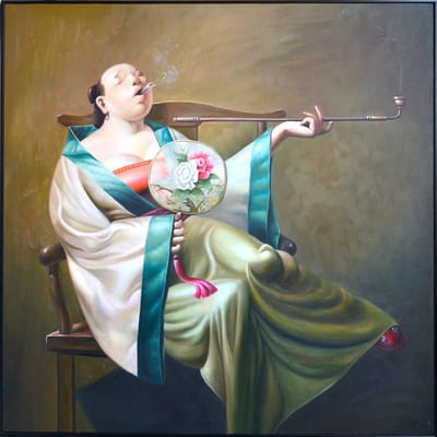 Fine Asianliving Olieverf Schilderij 100% Handgeschilderd Zwarte Omlijsting 100x100cm Chinese Vrouw met Sigaar Hanfu