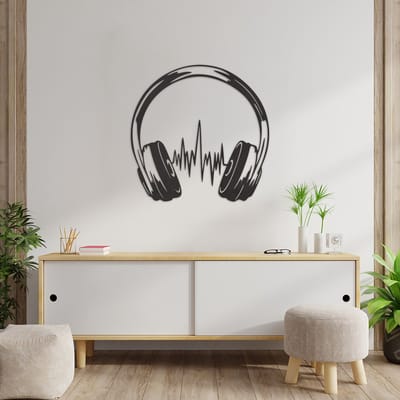 Wanddecoratie Muziek - Muurdecoratie Hoofdtelefoon - Muurdecoratie Hout - Wanddecoratie Hout - Muurdecoratie Woonkamer - Wanddecoratie Woonkamer - Wanddecoratie Industrieel - Wanddecoratie Headset - Home Decor - Wall Line Art - 59 x 58 cm