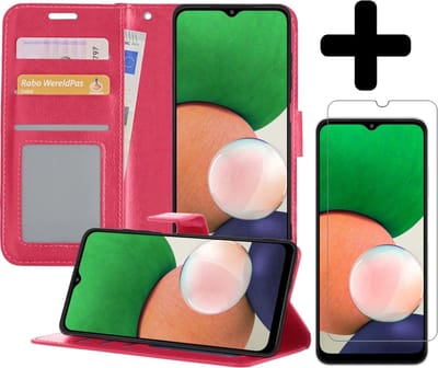 Hoesje - Met Screenprotector - Geschikt voor Samsung Galaxy A22 4G - Luxe Pasjeshouder - Bookcase Portemonee - Flip Case - Kunstleer Book Case - Flipcase - Book Cover - Walletcase - Portemonneehoes - Telefoonhoesjes - Donkerroze