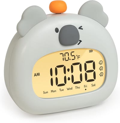 Kinderwekker in de vorm van een koala met nachtlampje - Leuke digitale slaaptrainer - Met led-display - 3 alarmen - Afteltimer - Instelbare helderheid - Oplaadbare wekker voor naast het bed - Grijs