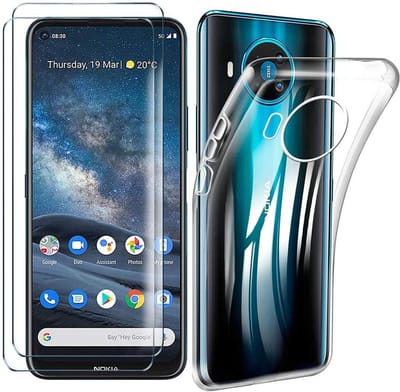 Hoesje Geschikt voor: Nokia 8.3 - Transparant TPU Siliconen Case & 2X Tempered Glas Combi - Transparant
