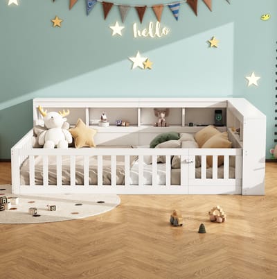 MEUNIQ bedbank 140 x 190 cm met lattenbodem, opbergvak, uitschuifbare bedrail, stopcontact en USB, zonder matras, wit, voor slaapkamer of kinderkamer