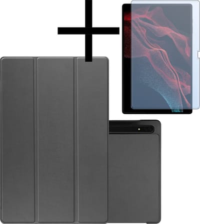 Hoes - Geschikt voor Samsung Galaxy Tab S9 Ultra - Met Screenprotector - Trifold Bookcase - Hard Cover Case - Met Uitsparing Geschikt voor S Pen - Hardcover Book - Tablet Hoesje - Grijs