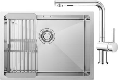 CECIPA Max Spoelbak RVS (60x44CM) - Spoelbak Keuken Met Uittrekbare Uitloop Keukenkraan - Spoelbakken Keuken - Wasbak Keuken Met Verstelbaar Mandje - Met Afdruiprek