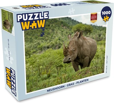 Puzzel Neushoorn - Gras - Planten - Legpuzzel - Puzzel 1000 stukjes volwassenen