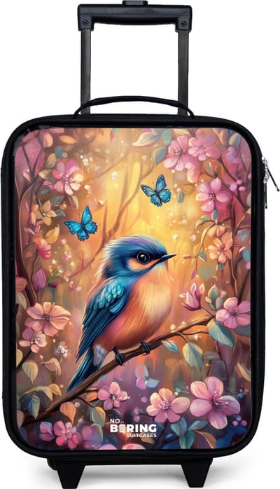 NoBoringSuitcases.com® - Kinderkoffer jongen - Kindertrolley meisje - Vogel met vlinders in kleurrijk bos. - Koffer kind lichtgewicht - Reiskoffer trolley voor kinderen - Koffertje met lichtgevende wieltjes - Rolkoffer zwart