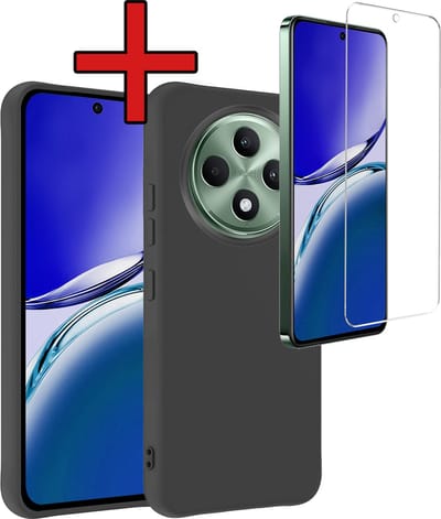 Hoesje - Met Screenprotector - Geschikt voor Oppo Reno 12 F - Sterk & Shockproof - Telefoon Hoes - Back Cover - Siliconen Case - Telefoonhoes - Zwart