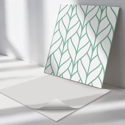 Wallfluent Vinyl Tegels - Bladpatroon in Symmetrie Vinyl Vloer Tegels - 30 cm x 30 cm - Turkoois PVC Tegels - 9 stuks - Vierkant PVC Tegels - Bloemen en Planten Plaktegels - Zelfklevende Vinyl Tegels - Plaktegels Keuken en Badkamer