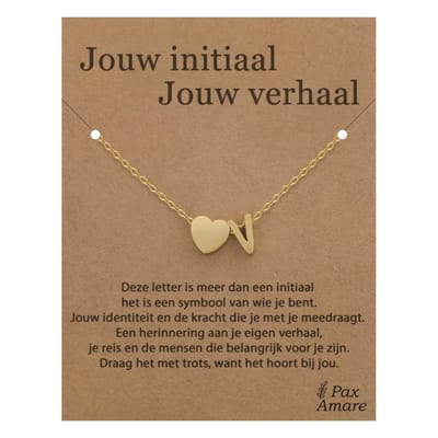 Letter V ketting op Cadeau Kaartje - Jouw initiaal, jouw verhaal - 45cm Goudkleurig Stainless Steel - Initiaal & Hartje Hanger - Pax Amare