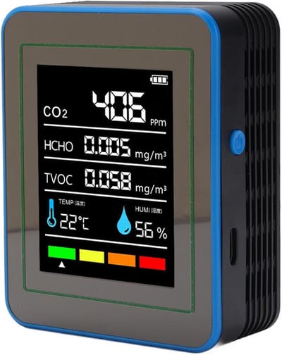 Luchtkwaliteitsmeter - CO2 TVOC HCHO meter - Binnenluchtkwaliteit meten - 5-in-1 metingen - Temperatuur Vochtigheid - Zwart Blauw