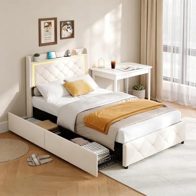 Eenpersoonsbed - Ladebed - Opbergen Slapen - Met LED USB - 90x200 cm - Beige