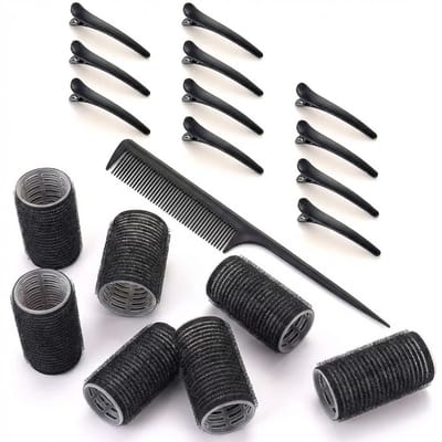 Zwart grijs klittenband haarkrullers set voor dames – 12 stuks krulrollers met 12 clips en styling kam – zelfhechtende haar rollers voor volume en natuurlijke krullen