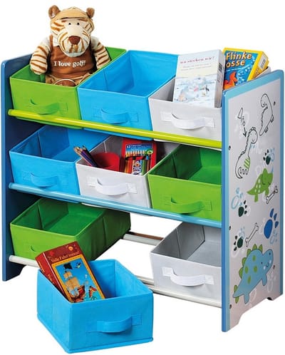 Staand Speelgoedrek / Opbergmeubel met Dinosaurus Motief | Opbergrek voor kinderen met 9 Textiele Manden voor het opbergen van speelgoed |  Afm: 66 x 30 x 59 Cm. Kleur: Mix Kleuren met Dinosaurus Motief