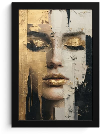 Poster in lijst - Fotolijst 20x30 cm - Posters - Abstract - Goud - Gezicht - Lippen - Posterlijst zwart - Decoratie - Wanddecoratie woonkamer - Muurdecoratie slaapkamer