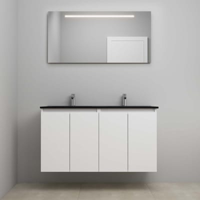 On-Line Badkamermeubelset - 120 cm - Bouwpakket - Greeploze Ladestructuur - Acryl Wastafel - 2 Kraangaten - Spiegel met LED-Verlichting - Hoogglans Wit