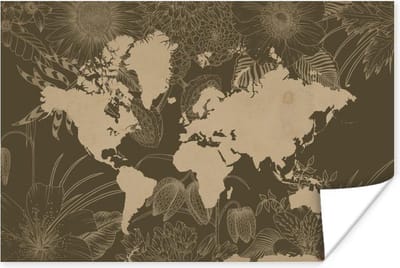 Poster Wereldkaart - Bloemen - Bruin - 30x20 cm