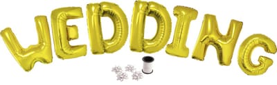 Folie ballonset goud met letters WEDDING 102 cm + geschenklint 10m met 4 witte strikken