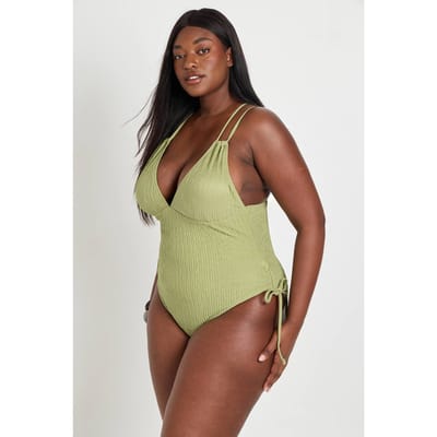 boohoo Dames Plus Gestructureerd Badpak Met Diepe Hals | Olijf | Maat: 44