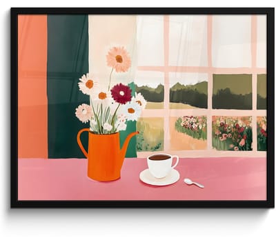 Poster in lijst - Fotolijst 70x50 cm - Posters - Bloemen - Koffie - Raam - Posterlijst zwart - Decoratie - Wanddecoratie woonkamer - Muurdecoratie slaapkamer