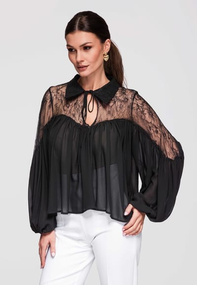 OMBRE Blouse - Loose Fit - Lange Mouw - Veters Zwart S