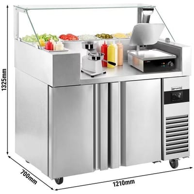 GGM Gastro Zubereitungstisch - 1210mm - 2 Türen - für 9x GN 1/6 - inkl. Kontaktgrill & Hamburgermaschine Zilver