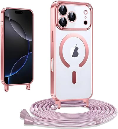 Casemania Hoesje Geschikt voor Apple iPhone 17 Pro - Rosegoud - Siliconen Back Cover met Koord - Geschikt voor MagSafe - Telefoonhoesje met Koord - Crossbody Lanyard Cord Case