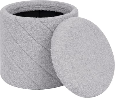 Ronde Opbergkruk 33x33x35 cm - Zachte Bouclé Kruk en Opvouwbare Voetenbank voor Woonkamer en Slaapkamer, Grijs