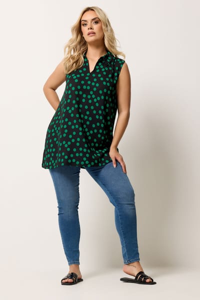 Yours Zwarte Polkadot Top Met Kraag Size 48