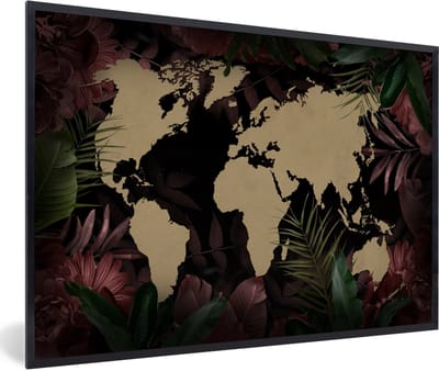 Poster in lijst - Fotolijst 90x60 cm - Posters - Wereldkaart - Tropische planten - Bruin - Posterlijst zwart - Decoratie - Wanddecoratie woonkamer - Muurdecoratie slaapkamer