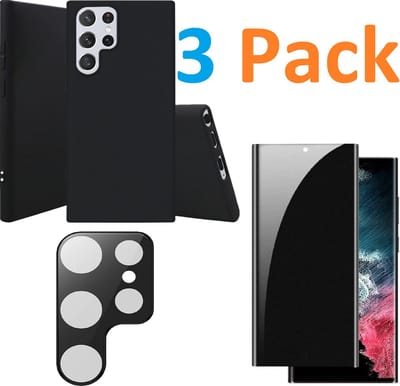 Soft TPU Siliconen Hoesje Back Cover zwart + Privacy Scherm Tempered Glass Screen Protector  + Camera lens Beschermer zwart Geschikt voor :Samsung Galaxy S22 Ultra