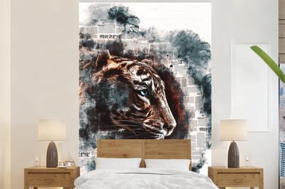 Behang - Fotobehang Tijger - Kranten - Strepen - Breedte 145 cm x hoogte 220 cm