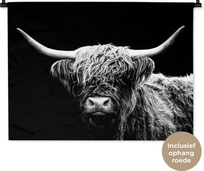 Wandkleed - Wanddoek - Schotse Hooglander - Koe - Zwart - Wit - Dieren - 90x67.5 cm - Wandtapijt