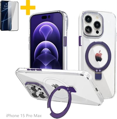 Hoesje voor iPhone 15 Pro Max, Compatibel met MagSafe, Magnetische Case met 360° Draaibare Standaard, Anti-Verkleuring Hoes, PC Lichtgewicht-Paars - Screenprotector