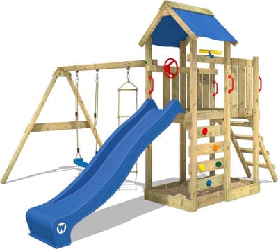 Wickey MultiFlyer Speeltoestel - Schommel en Touwladder met Glijbaan - Klimwand & Zandbak - 288x429x263 cm - Blauw