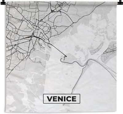 Wandkleed - Wanddoek - Venetië - Stadskaart - Plattegrond - Zwart Wit - Kaart - 180x180 cm - Wandtapijt