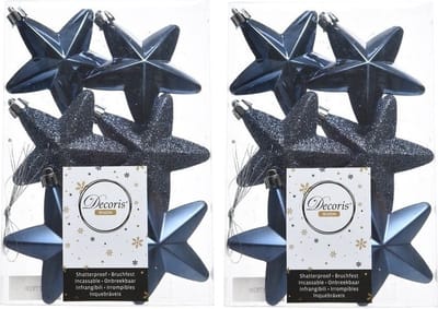 Decoris kersthanger sterren - 12x st - donkerblauw - 7 cm - kunststof - kerstornamenten - kerstversiering