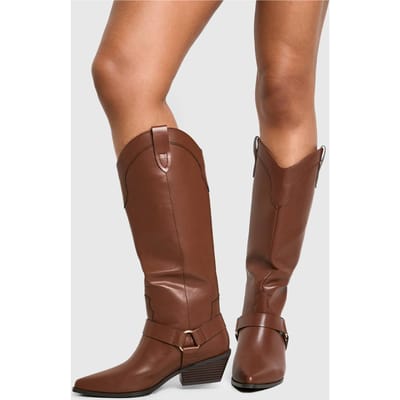 boohoo Dames Wijd passende kniehoge laarzen in Western-stijl met tuigdetail | Tan | Maat: 3