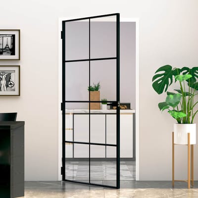 vidaXL - Binnendeur - 93x201,5 - cm - gehard - glas - en - aluminium - smal - zwart