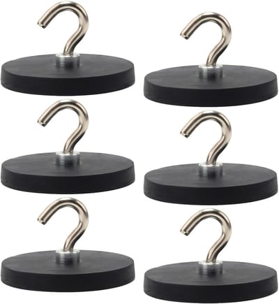 6 stuks magneethaken, zwart, 43 mm sterke magneten met haken, stansvrij, rubberen magneethaken, extra sterk, 10 kg, magneethouder voor ijzeren deuren, koelkasten, keukens, kledingrek,