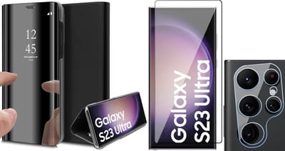 Hoesje geschikt voor Samsung Galaxy S23 Ultra - Screenprotector FullGuard & Camera Lens Screen Protector - Book Case Spiegel Zwart