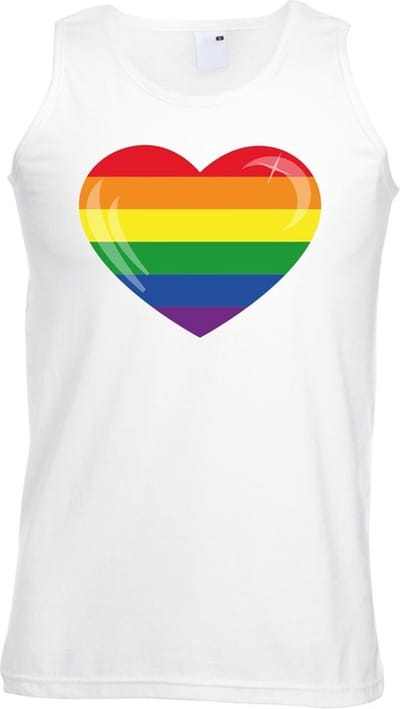 Regenboog vlag in hartje - singlet mouwloos shirt - tanktop - wit - heren - gay pride - kleding S