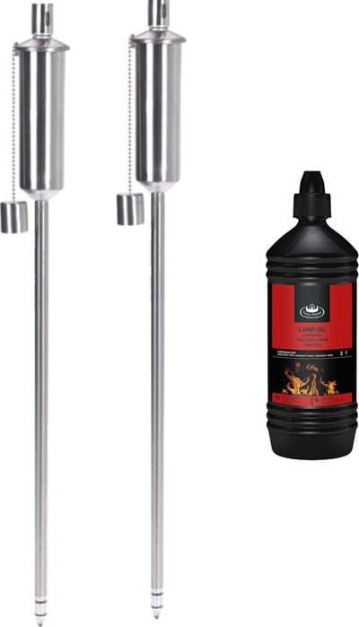 2x stuks Tuinfakkels RVS 115 cm - Inclusief 1 liter lampenolie/fakkelolie