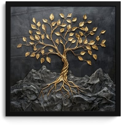 Poster in lijst - Fotolijst 40x40 cm - Posters - Bladeren - Goud - Boom - Rots - Posterlijst zwart - Decoratie - Wanddecoratie woonkamer - Muurdecoratie slaapkamer